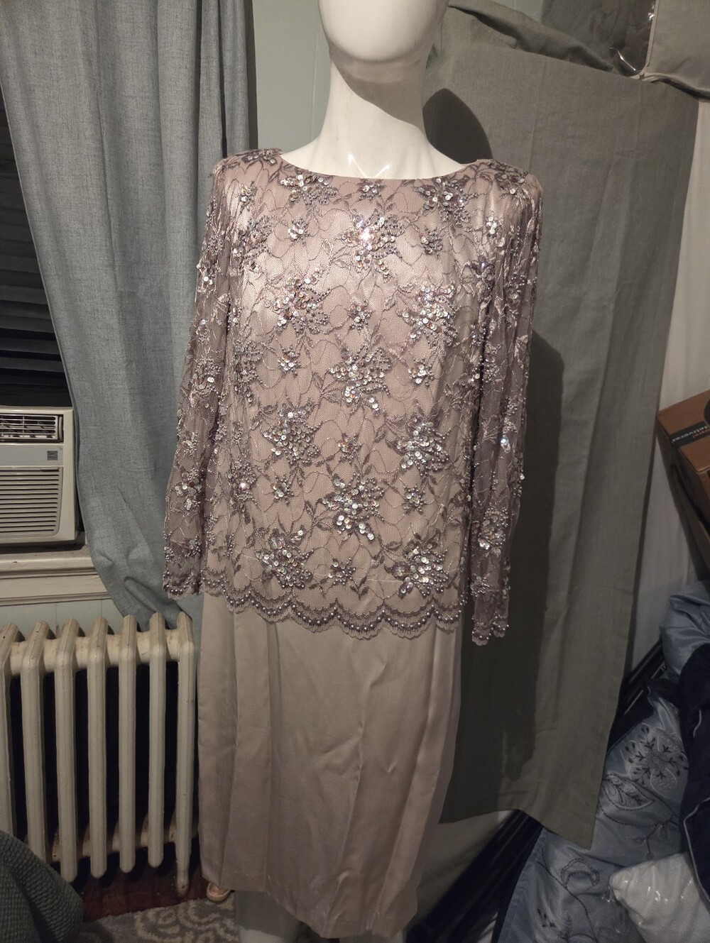 Long-Sleeve Lace & Sequin Overlay Dress in Dusty Rose